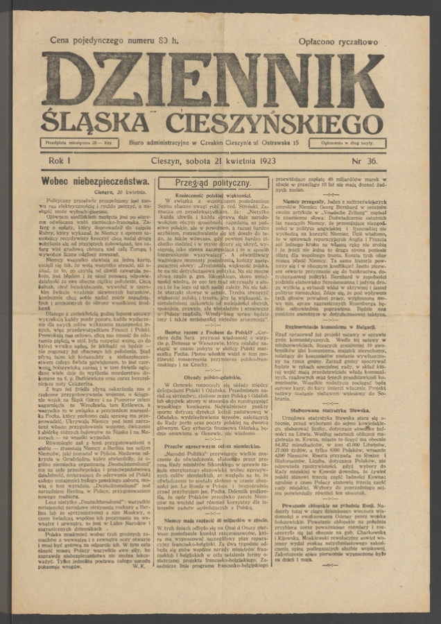 Dziennik Śląska Cieszyńskiego. Rok&nbsp;1, 1923, numer&nbsp;36
