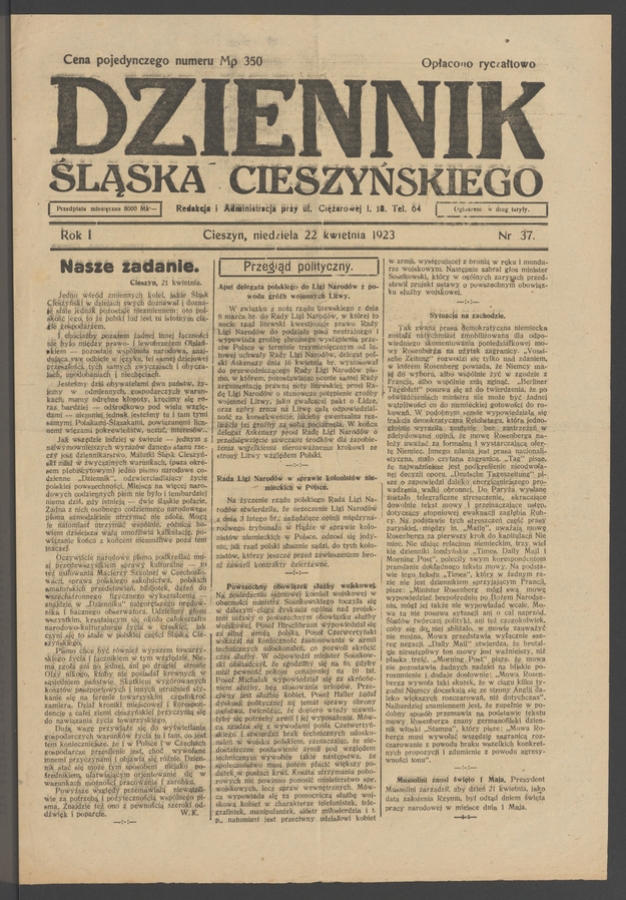 Dziennik Śląska Cieszyńskiego. Rok&nbsp;1, 1923, numer&nbsp;37