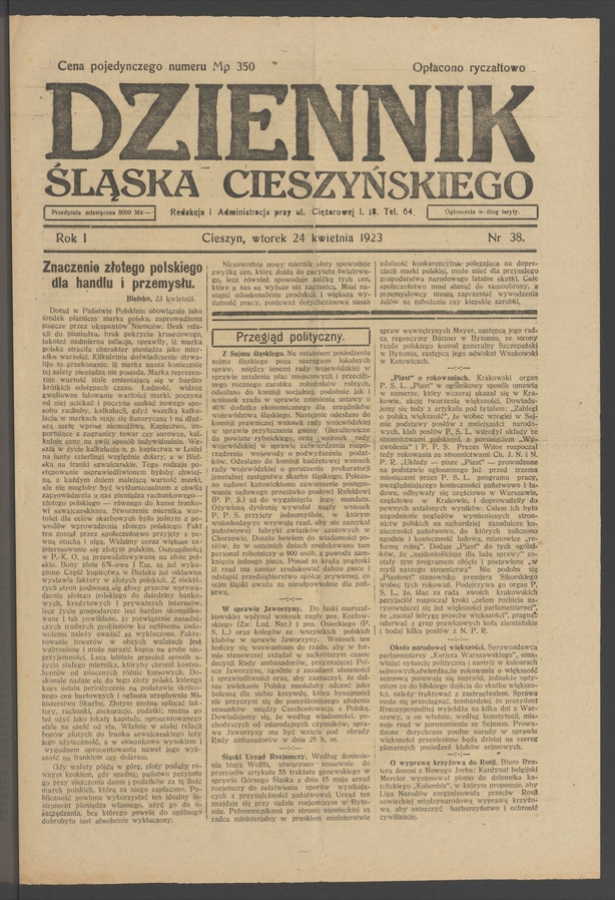Dziennik Śląska Cieszyńskiego. Rok&nbsp;1, 1923, numer&nbsp;38