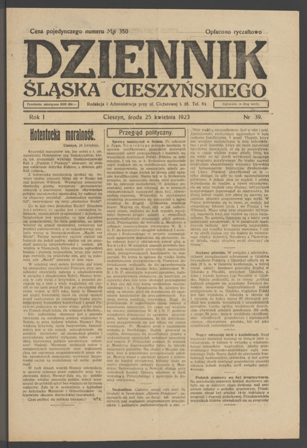 Dziennik Śląska Cieszyńskiego. Rok&nbsp;1, 1923, numer&nbsp;39