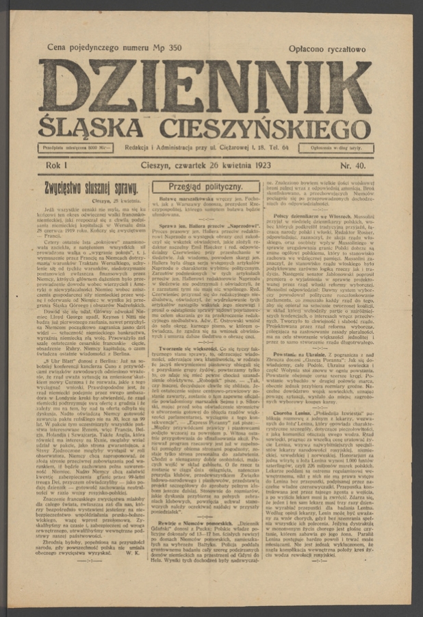 Dziennik Śląska Cieszyńskiego. Rok&nbsp;1, 1923, numer&nbsp;40