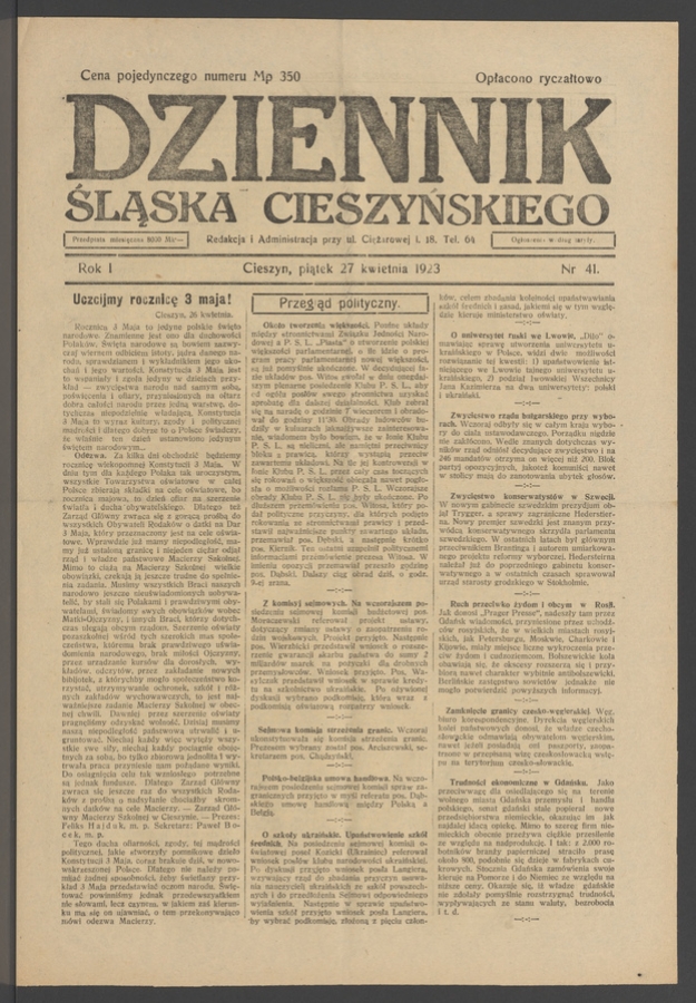 Dziennik Śląska Cieszyńskiego. Rok&nbsp;1, 1923, numer&nbsp;41