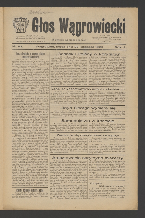 Głos Wągrowiecki. Rok&nbsp;3, 1928, numer&nbsp;93