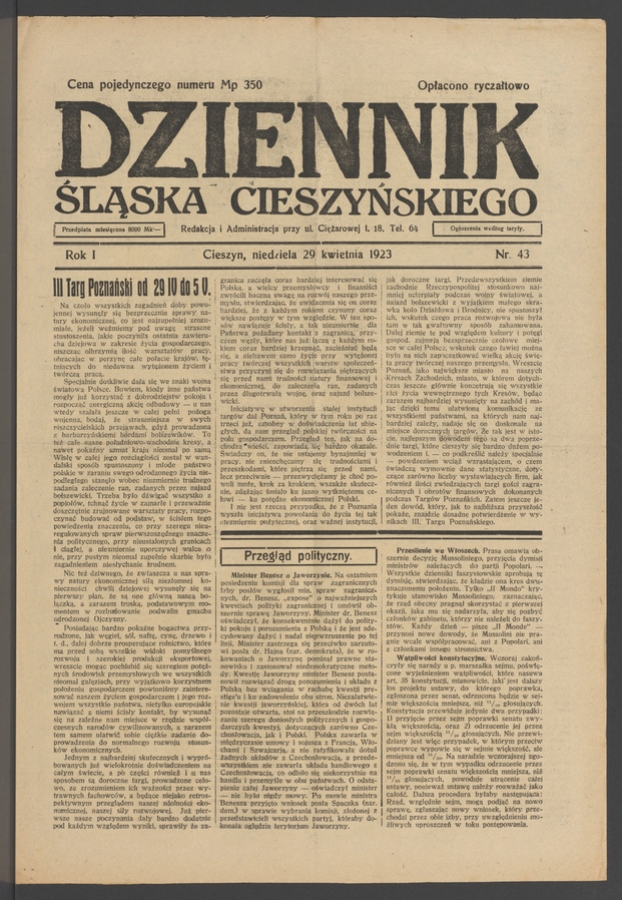 Dziennik Śląska Cieszyńskiego. Rok&nbsp;1, 1923, numer&nbsp;43