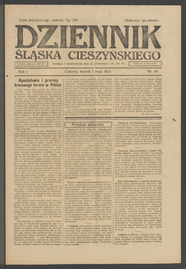 Dziennik Śląska Cieszyńskiego. Rok&nbsp;1, 1923, numer&nbsp;44