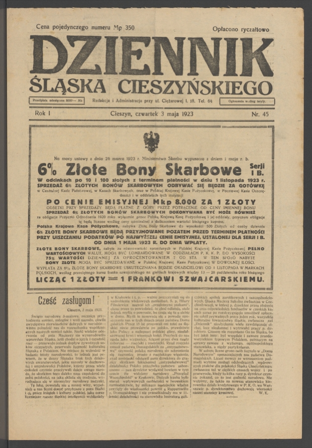Dziennik Śląska Cieszyńskiego. Rok&nbsp;1, 1923, numer&nbsp;45