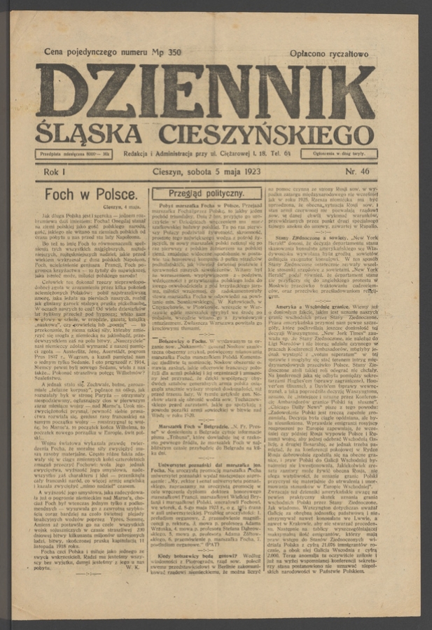 Dziennik Śląska Cieszyńskiego. Rok&nbsp;1, 1923, numer&nbsp;46