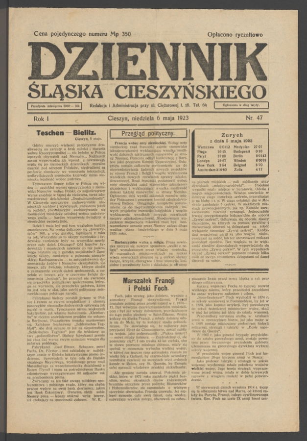 Dziennik Śląska Cieszyńskiego. Rok&nbsp;1, 1923, numer&nbsp;47