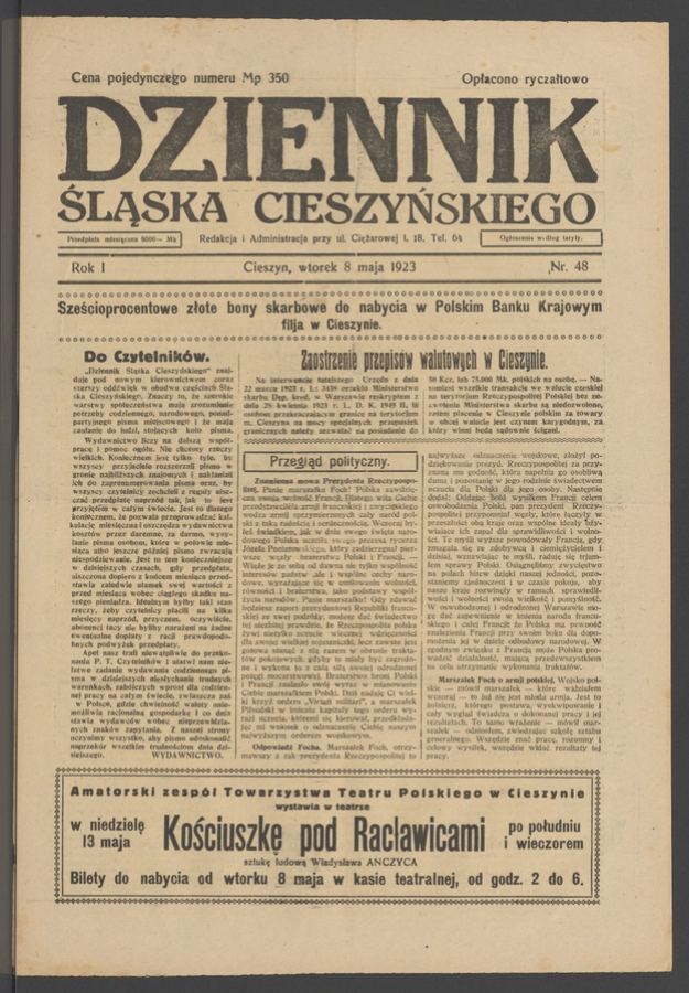 Dziennik Śląska Cieszyńskiego. Rok&nbsp;1, 1923, numer&nbsp;48