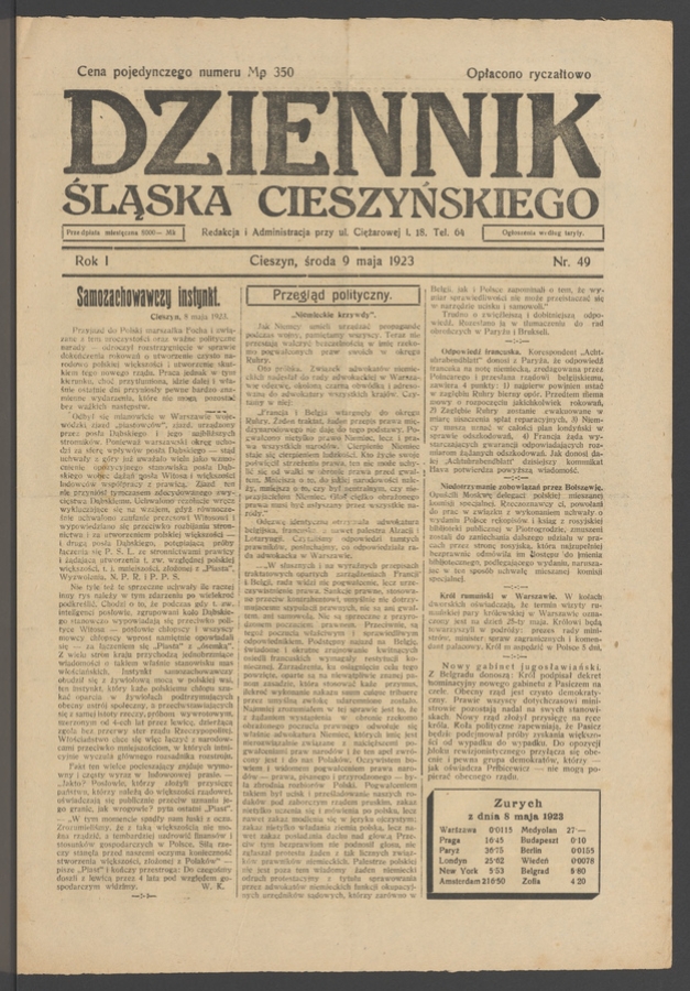 Dziennik Śląska Cieszyńskiego. Rok&nbsp;1, 1923, numer&nbsp;49