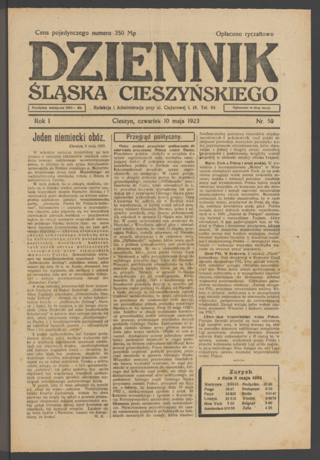 Dziennik Śląska Cieszyńskiego. Rok&nbsp;1, 1923, numer&nbsp;50