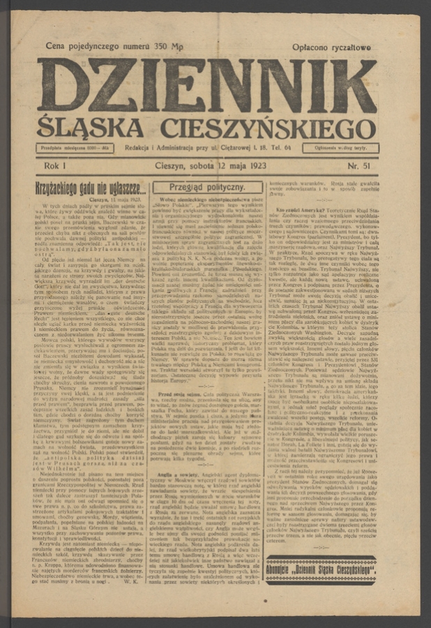 Dziennik Śląska Cieszyńskiego. Rok&nbsp;1, 1923, numer&nbsp;51