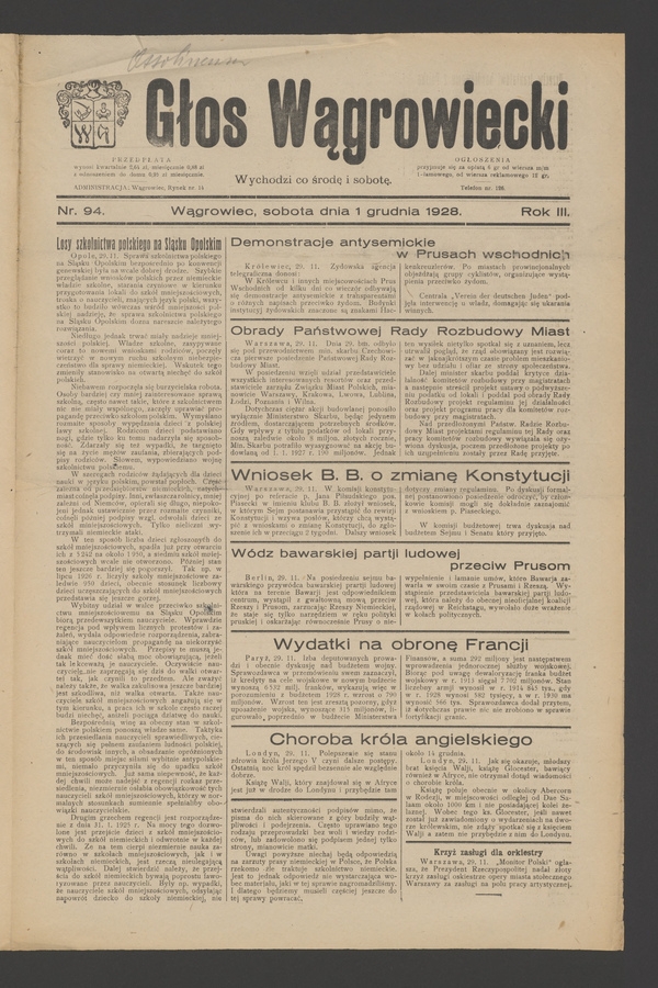 Głos Wągrowiecki. Rok&nbsp;3, 1928, numer&nbsp;94