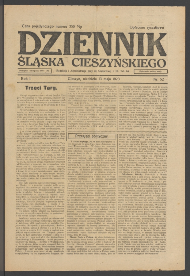 Dziennik Śląska Cieszyńskiego. Rok&nbsp;1, 1923, numer&nbsp;52