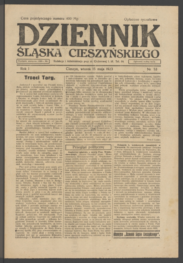 Dziennik Śląska Cieszyńskiego. Rok&nbsp;1, 1923, numer&nbsp;53