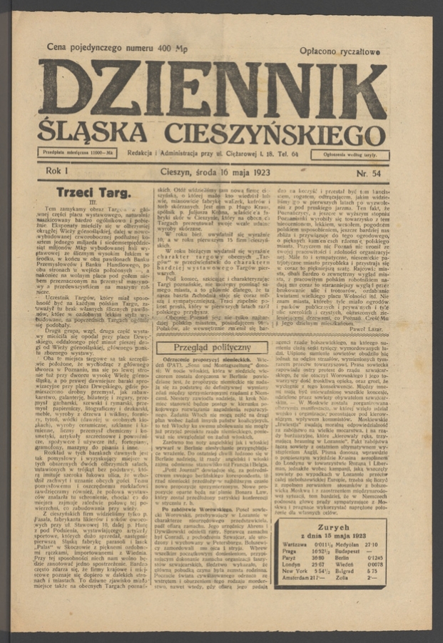 Dziennik Śląska Cieszyńskiego. Rok&nbsp;1, 1923, numer&nbsp;54