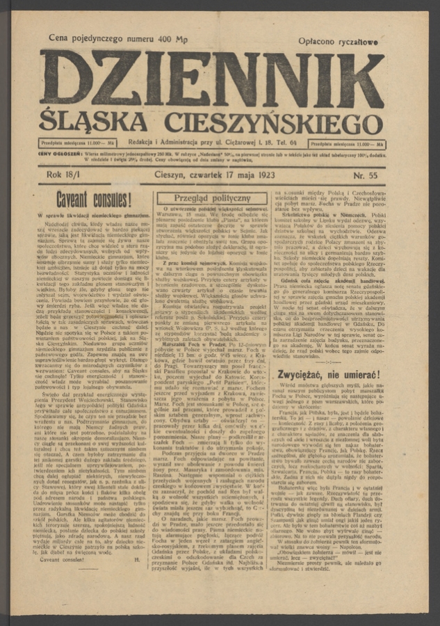 Dziennik Śląska Cieszyńskiego. Rok&nbsp;18/1, 1923, numer&nbsp;55