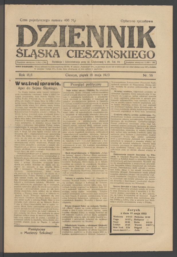 Dziennik Śląska Cieszyńskiego. Rok&nbsp;18/1, 1923, numer&nbsp;56