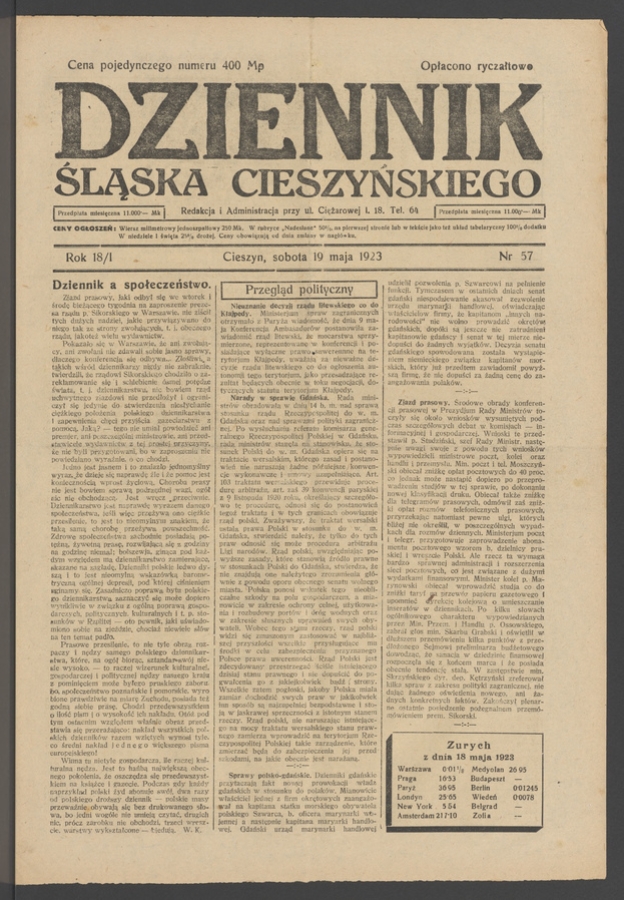 Dziennik Śląska Cieszyńskiego. Rok&nbsp;18/1, 1923, numer&nbsp;57