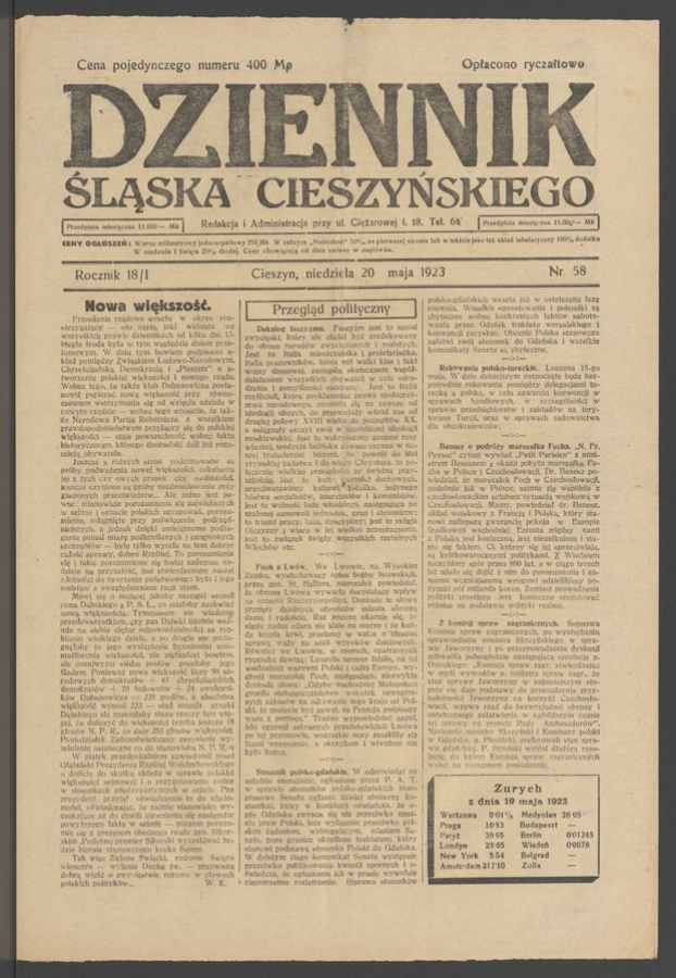 Dziennik Śląska Cieszyńskiego. Rocznik&nbsp;18/1, 1923, numer&nbsp;58