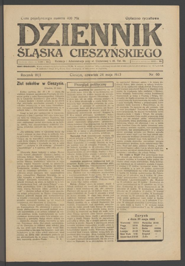 Dziennik Śląska Cieszyńskiego. Rocznik&nbsp;18/1, 1923, numer&nbsp;60