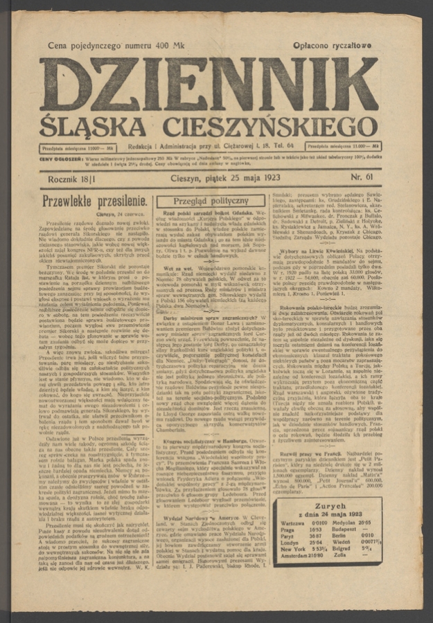 Dziennik Śląska Cieszyńskiego. Rocznik&nbsp;18/1, 1923, numer&nbsp;61