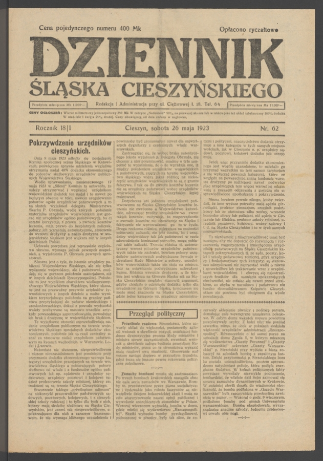 Dziennik Śląska Cieszyńskiego. Rocznik&nbsp;18/1, 1923, numer&nbsp;62