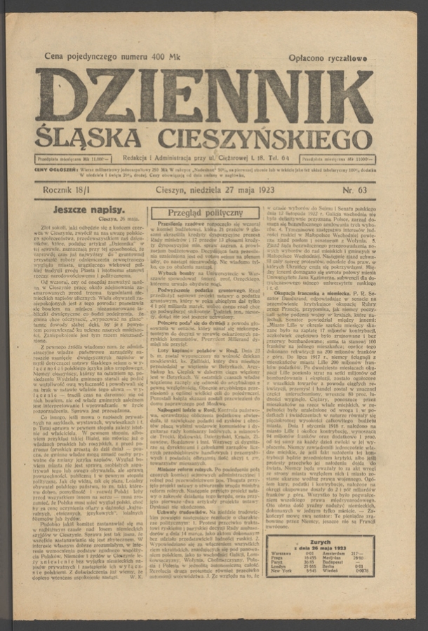 Dziennik Śląska Cieszyńskiego. Rocznik&nbsp;18/1, 1923, numer&nbsp;63