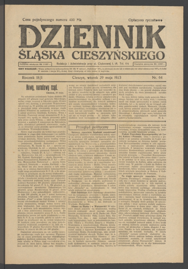 Dziennik Śląska Cieszyńskiego. Rocznik&nbsp;18/1, 1923, numer&nbsp;64