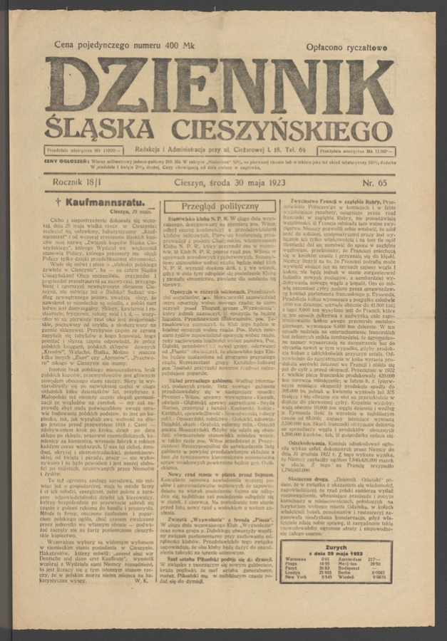 Dziennik Śląska Cieszyńskiego. Rocznik&nbsp;18/1, 1923, numer&nbsp;65