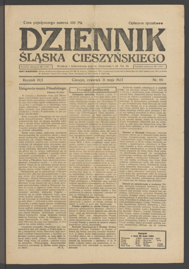 Dziennik Śląska Cieszyńskiego. Rocznik&nbsp;18/1, 1923, numer&nbsp;66
