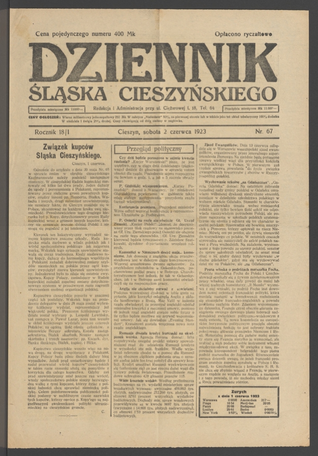 Dziennik Śląska Cieszyńskiego. Rocznik&nbsp;18/1, 1923, numer&nbsp;67