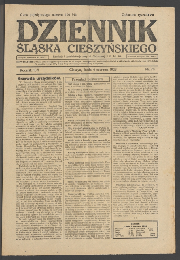 Dziennik Śląska Cieszyńskiego. Rocznik&nbsp;18/1, 1923, numer&nbsp;70