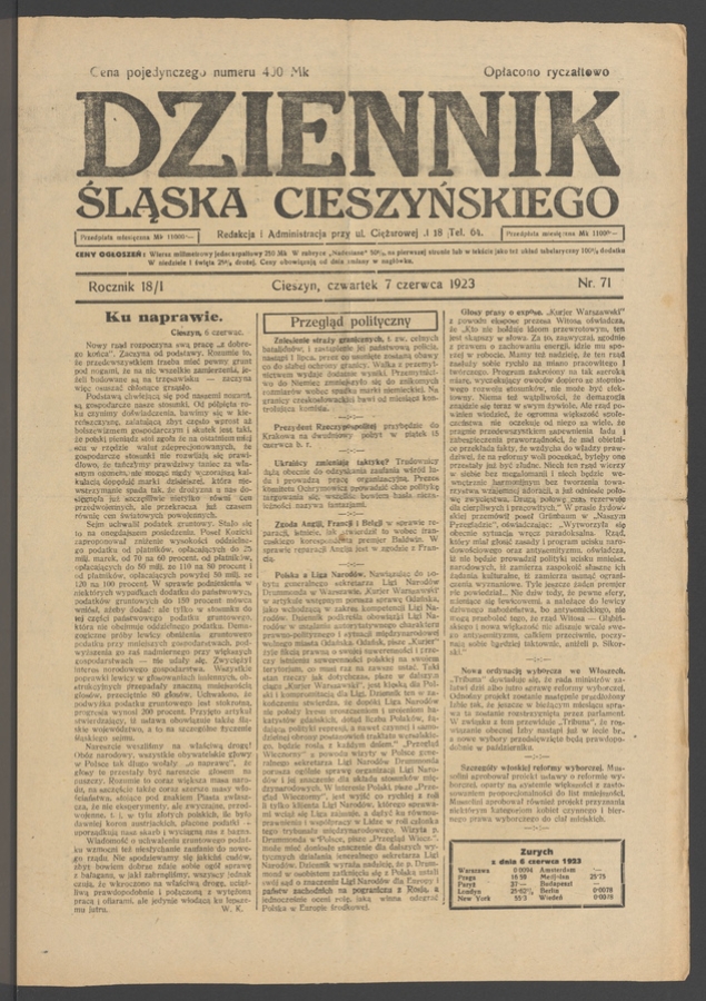 Dziennik Śląska Cieszyńskiego. Rocznik&nbsp;18/1, 1923, numer&nbsp;71