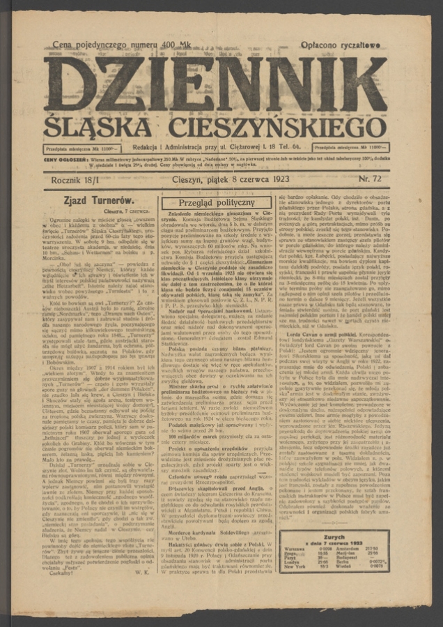 Dziennik Śląska Cieszyńskiego. Rocznik&nbsp;18/1, 1923, numer&nbsp;72
