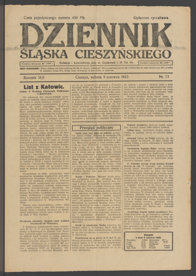 Dziennik Śląska Cieszyńskiego. Rocznik&nbsp;18/1, 1923, numer&nbsp;73