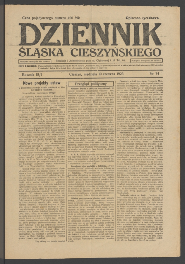Dziennik Śląska Cieszyńskiego. Rocznik&nbsp;18/1, 1923, numer&nbsp;74