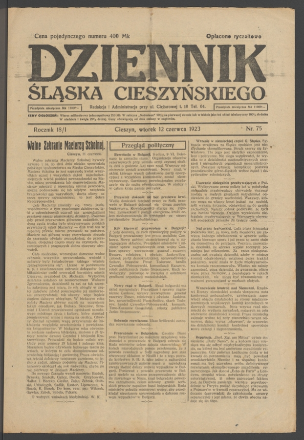 Dziennik Śląska Cieszyńskiego. Rocznik&nbsp;18/1, 1923, numer&nbsp;75