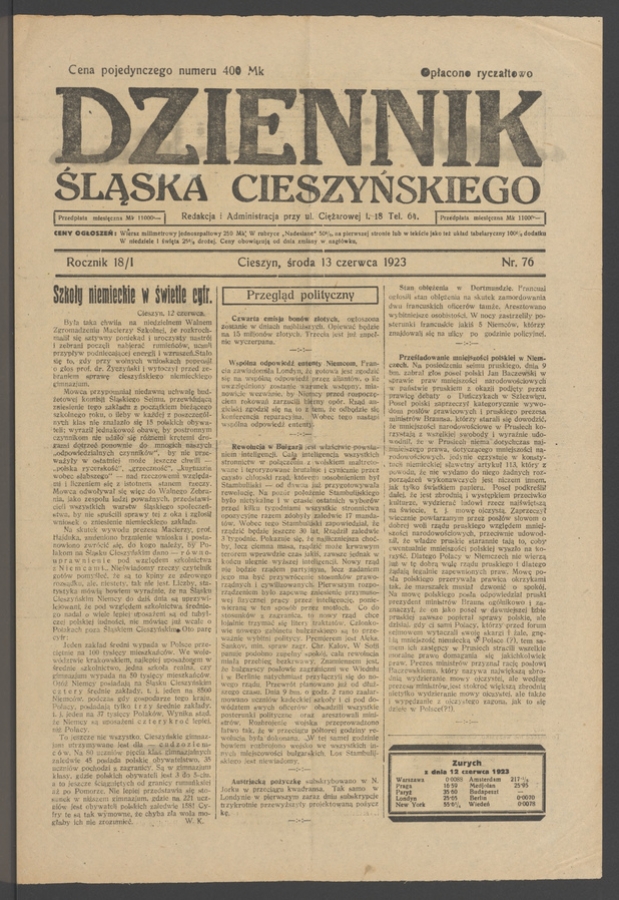 Dziennik Śląska Cieszyńskiego. Rocznik&nbsp;18/1, 1923, numer&nbsp;76