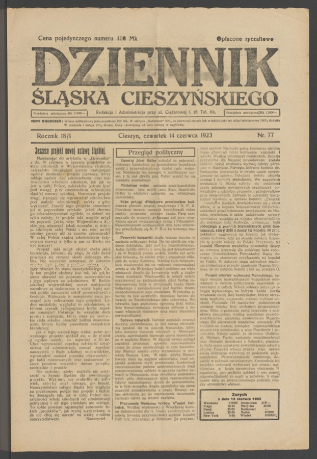 Dziennik Śląska Cieszyńskiego. Rocznik&nbsp;18/1, 1923, numer&nbsp;77