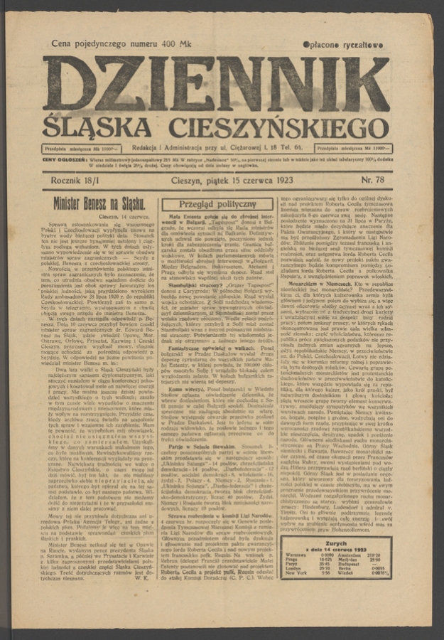 Dziennik Śląska Cieszyńskiego. Rocznik&nbsp;18/1, 1923, numer&nbsp;78