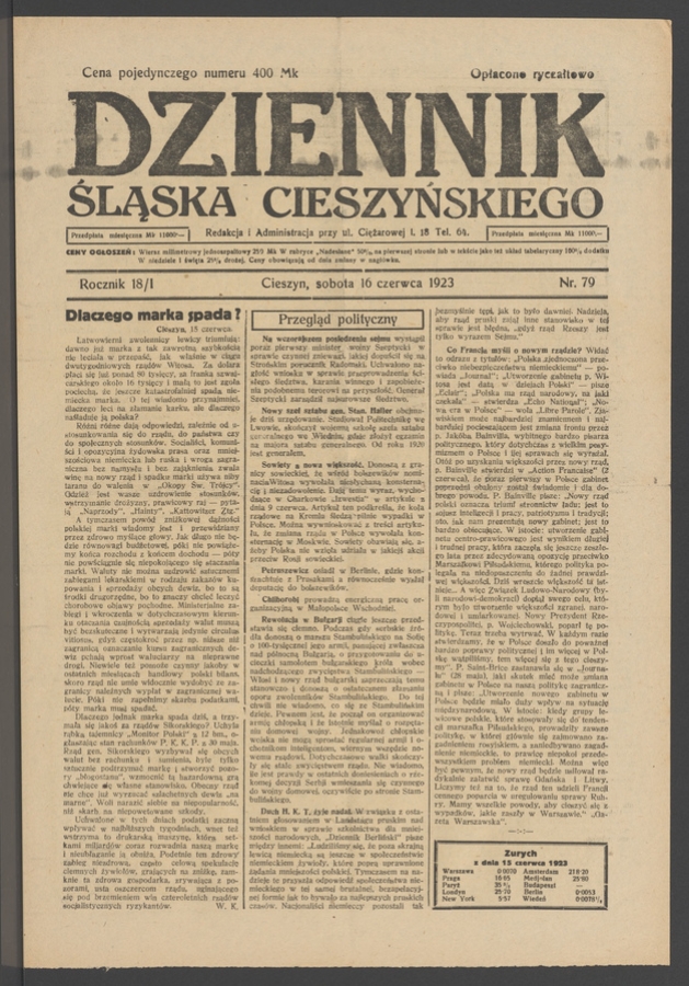 Dziennik Śląska Cieszyńskiego. Rocznik&nbsp;18/1, 1923, numer&nbsp;79