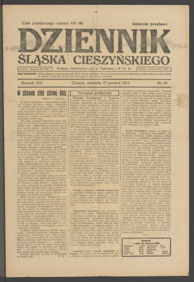 Dziennik Śląska Cieszyńskiego. Rocznik&nbsp;18/1, 1923, numer&nbsp;80