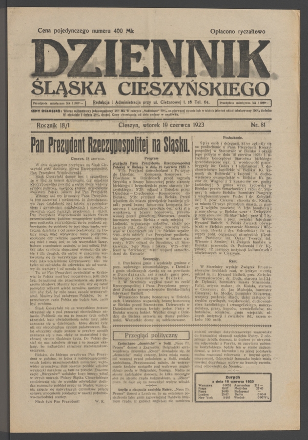 Dziennik Śląska Cieszyńskiego. Rocznik&nbsp;18/1, 1923, numer&nbsp;81
