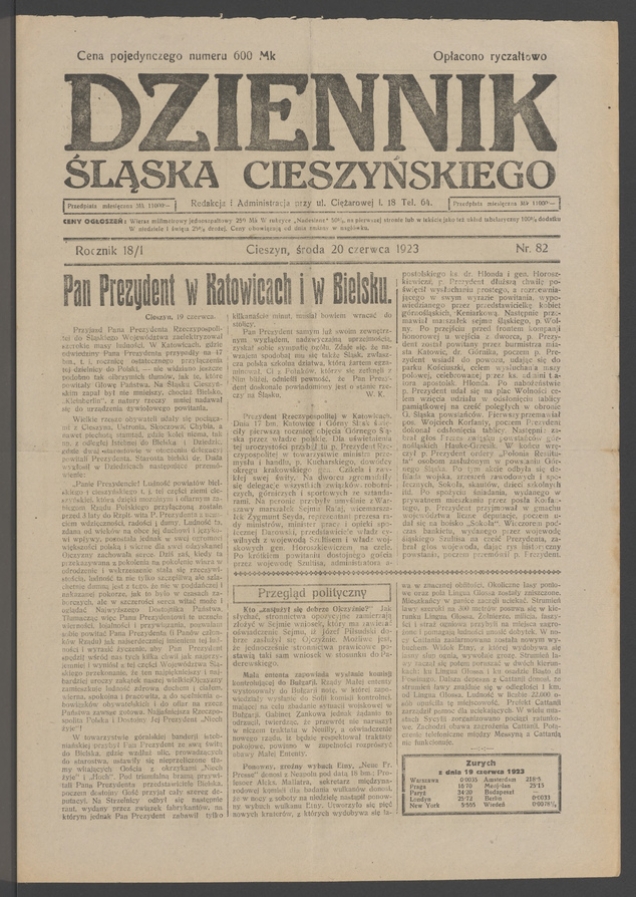 Dziennik Śląska Cieszyńskiego. Rocznik&nbsp;18/1, 1923, numer&nbsp;82