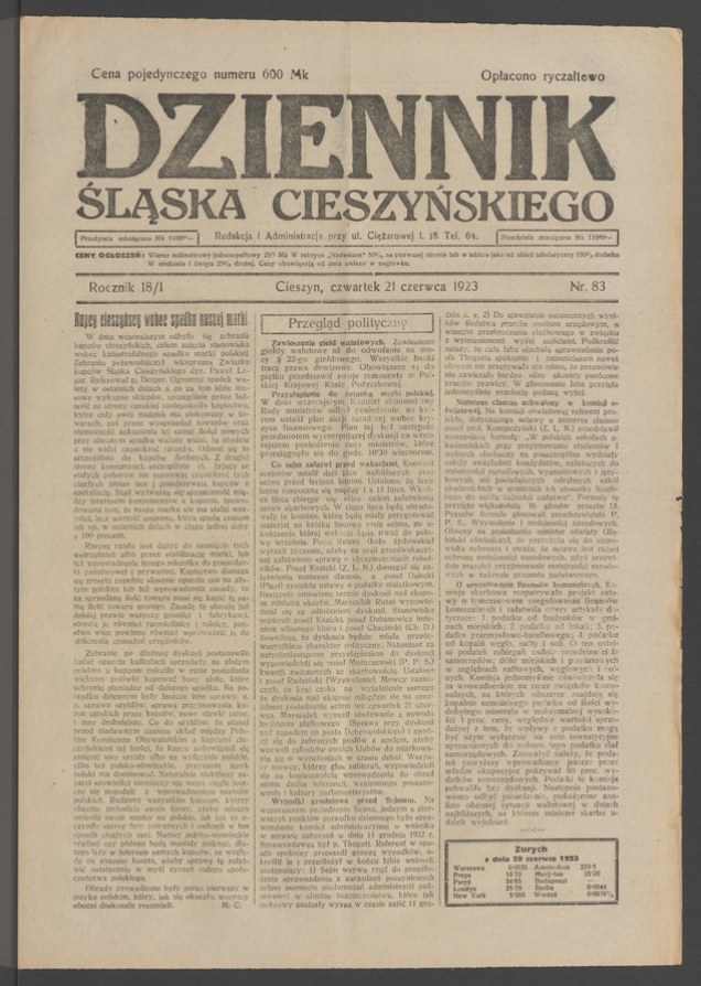 Dziennik Śląska Cieszyńskiego. Rocznik&nbsp;18/1, 1923, numer&nbsp;83