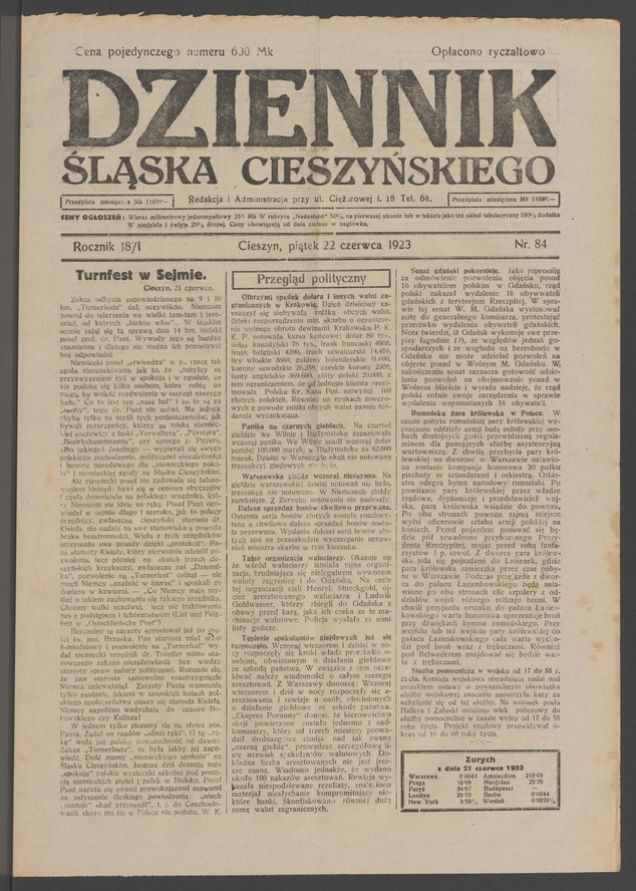 Dziennik Śląska Cieszyńskiego. Rocznik&nbsp;18/1, 1923, numer&nbsp;84