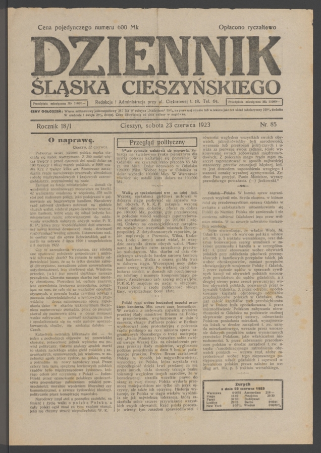 Dziennik Śląska Cieszyńskiego. Rocznik&nbsp;18/1, 1923, numer&nbsp;85