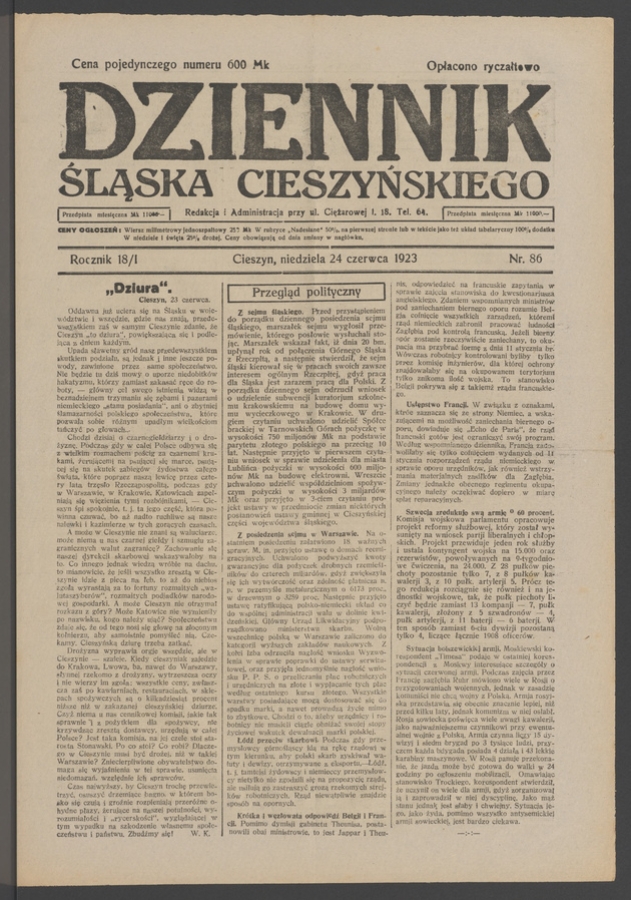 Dziennik Śląska Cieszyńskiego. Rocznik&nbsp;18/1, 1923, numer&nbsp;86