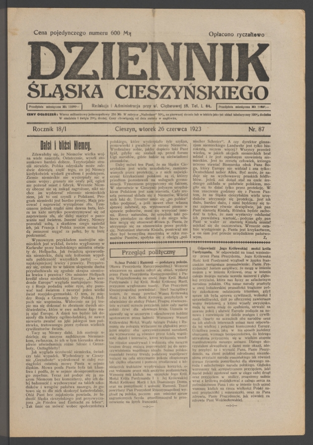 Dziennik Śląska Cieszyńskiego. Rocznik&nbsp;18/1, 1923, numer&nbsp;87